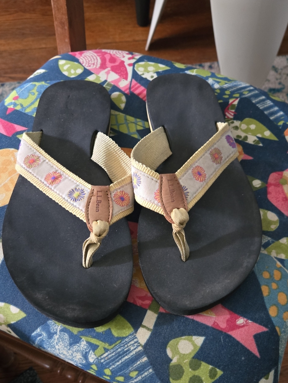 L.L. Bean Black Footbed Sandals with Beige Floral Straps